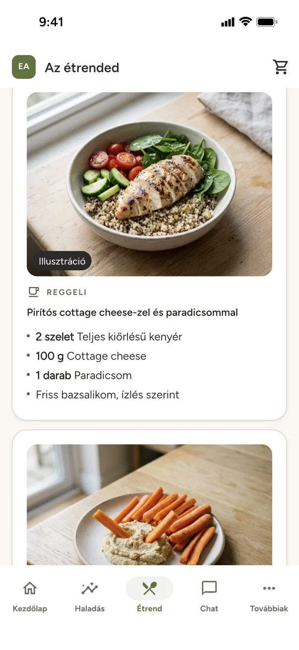 Egy ügyfél étrendje a Mealstone alkalmazásban, minden ételhez képpel