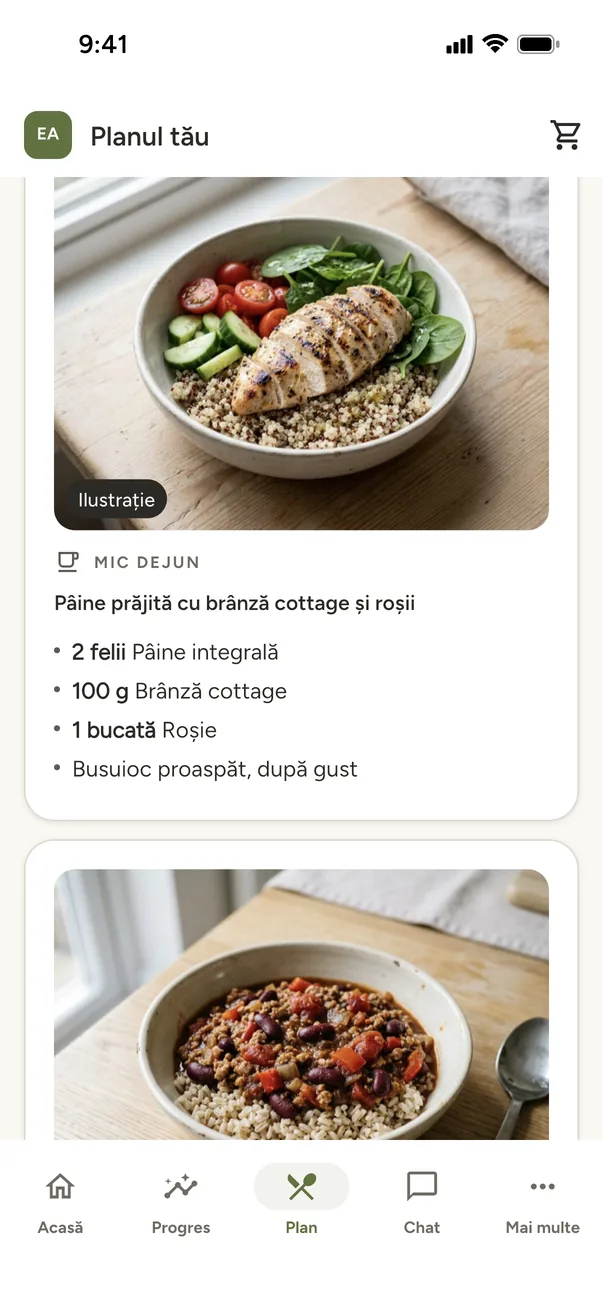 Planul alimentar al unui client din aplicația Mealstone, cu o imagine pentru fiecare fel de mâncare
