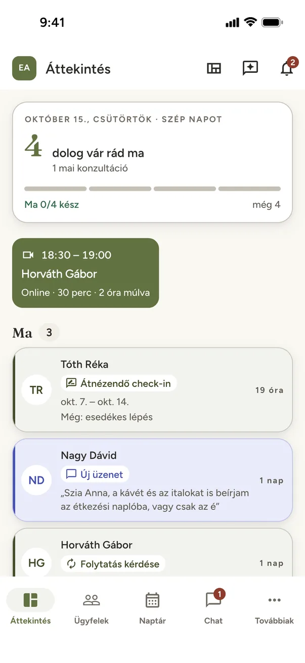 A coach áttekintő oldala a Mealstone alkalmazásban