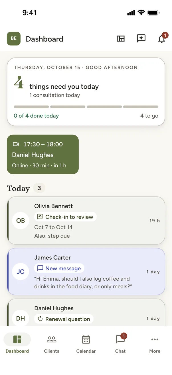 The coach's dashboard in the Mealstone app
