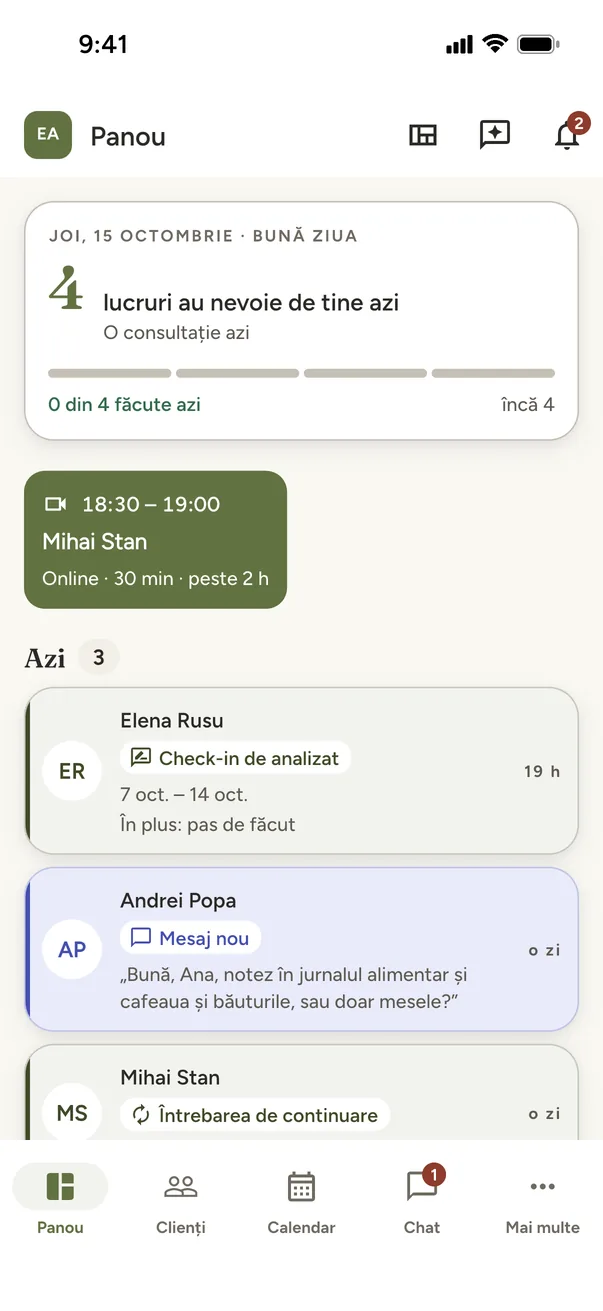Panoul coachului din aplicația Mealstone